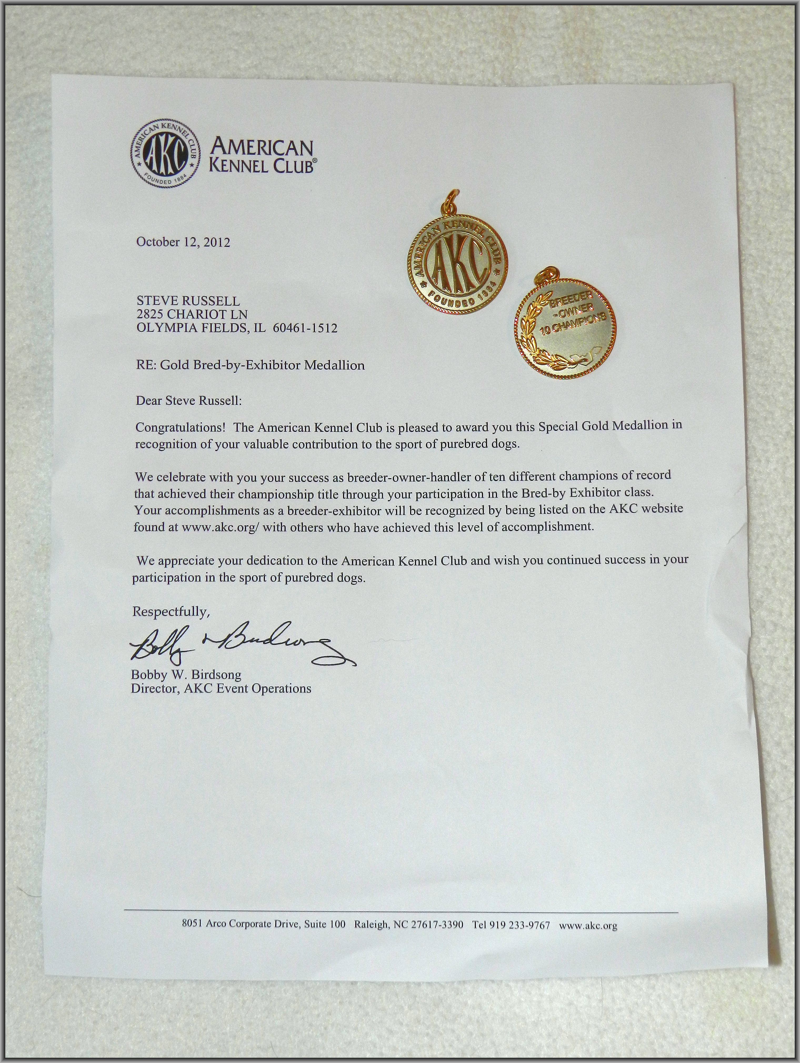 AKC Gold BBE Letter and Medals